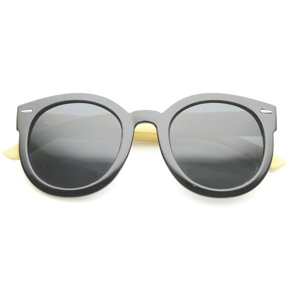 sunglassLA Unisex Eco-Friendly Genuine Bamboo Temples Oversize Round Sunglasses (Black / Smoke) - 53mm