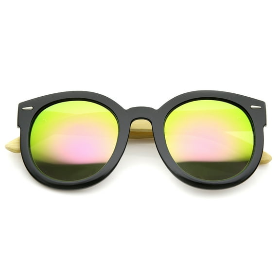 sunglassLA Unisex Eco-Friendly Real Bamboo Temples Mirrored Lens Round Sunglasses (Black / Pink Yellow Mirror) - 53mm