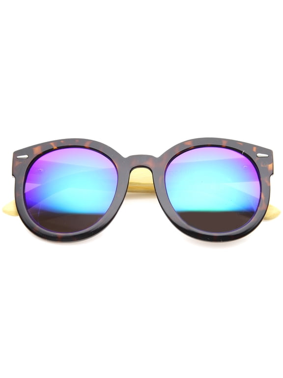 sunglassLA Unisex Eco-Friendly Real Bamboo Temples Mirrored Lens Round Sunglasses (Tortoise / Green Blue Mirror) - 53mm