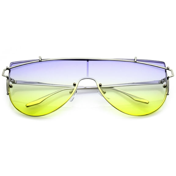 sunglassLA Unisex Futuristic Rimless Metal Crossbar Gradient Colored Mono Lens Shield Sunglasses 64mm (Silver / Blue-Yellow) - 65mm