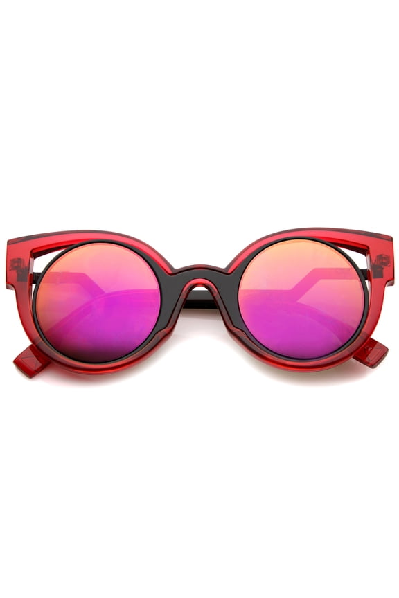 sunglassLA Unisex High Fashion Translucent Frame Stepped Temple Two-Tone Cat Eye Sunglasses (Red-Black / Red Mirror) - 45mm