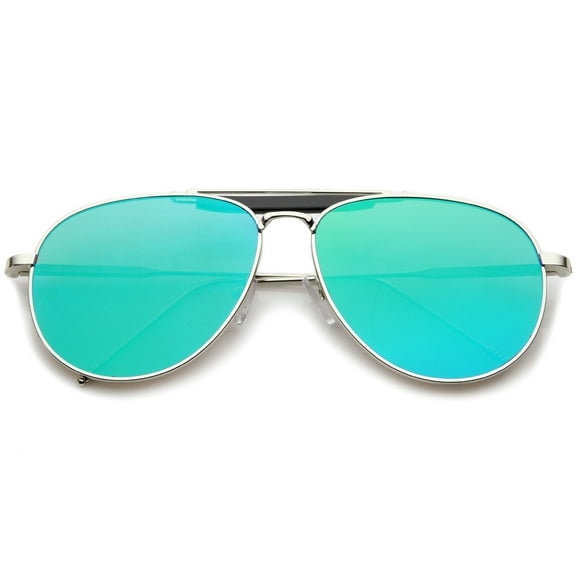 sunglassLA Unisex Large Classic Teardrop Crossbar Mirrored Flat Lens Aviator Sunglasses (Silver-Black / Green Mirror) - 61mm