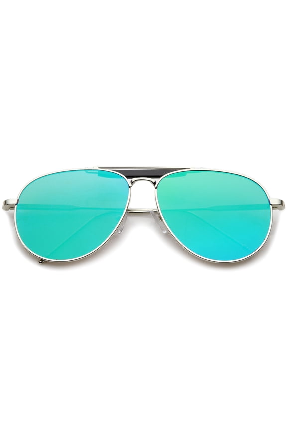sunglassLA Unisex Large Classic Teardrop Crossbar Mirrored Flat Lens Aviator Sunglasses (Silver-Black / Green Mirror) - 61mm