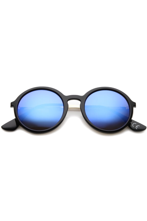 sunglassLA Unisex Mid Sized Modern Metal Temple Mirror Lens Round Sunglasses (Black / Blue Mirror) - 49mm