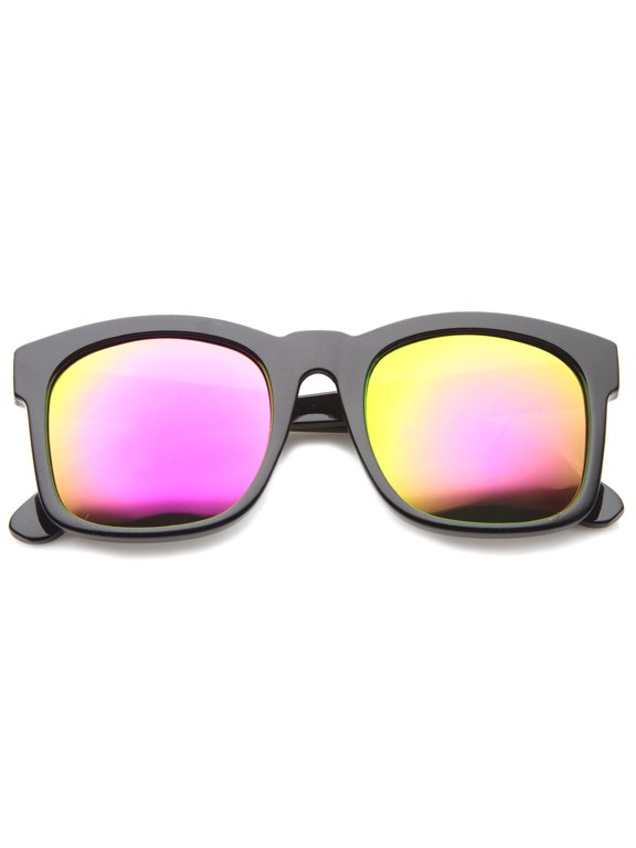 sunglassLA Unisex Mod Fashion Oversized Bold Frame Flash Mirror Horn Rimmed Sunglasses (Black / Magenta) - 61mm