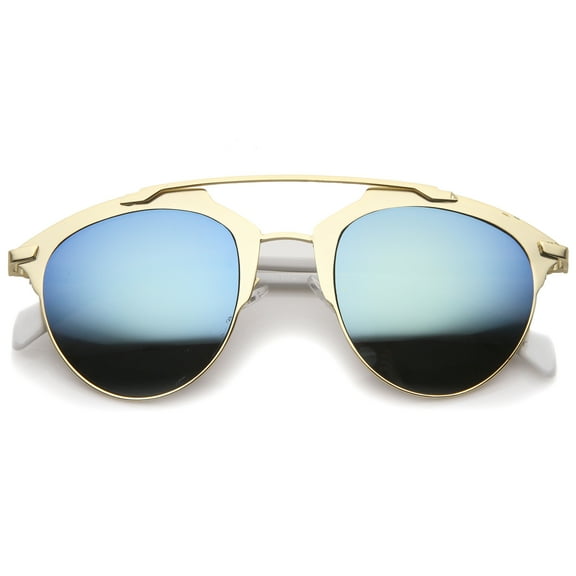 sunglassLA Unisex Modern Fashion Metal Double Bridge Mirror Lens Pantos Aviator Sunglasses (Gold-White / Blue Mirror) - 50mm