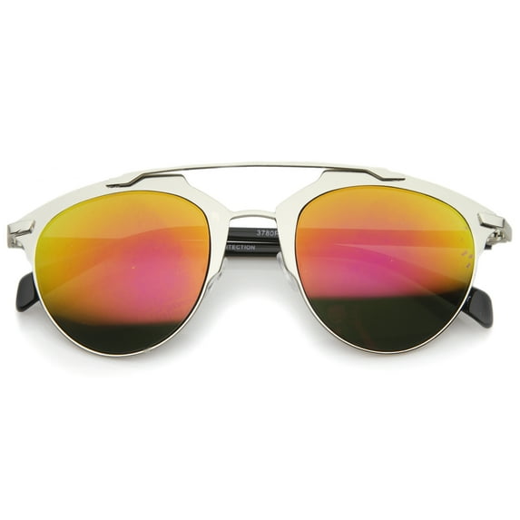 sunglassLA Unisex Modern Fashion Metal Double Bridge Mirror Lens Pantos Aviator Sunglasses (Silver-Black / Magenta Mirror) - 50mm
