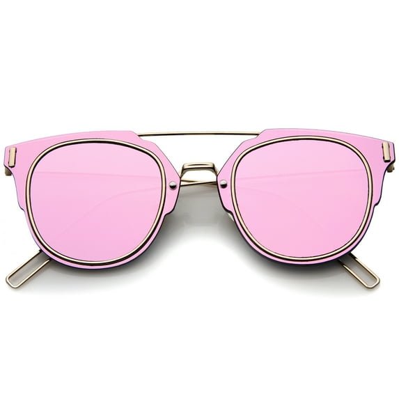 sunglassLA Unisex Modern Fashion Minimal Wire Temple Inner-Rimmed Color Mirror Lens Pantos Metal Sunglasses (Pink-Gold / Pink Mirror) - 58mm