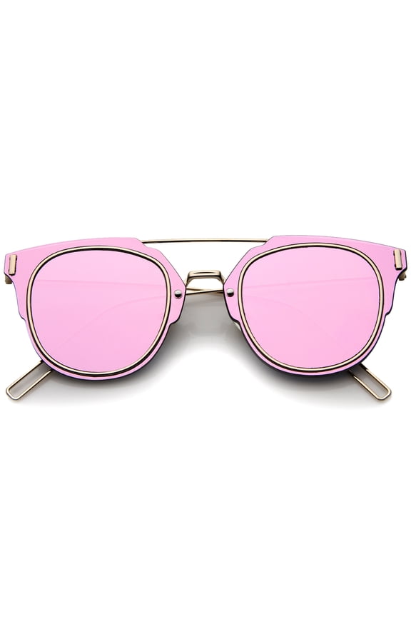 sunglassLA Unisex Modern Fashion Minimal Wire Temple Inner-Rimmed Color Mirror Lens Pantos Metal Sunglasses (Pink-Gold / Pink Mirror) - 58mm