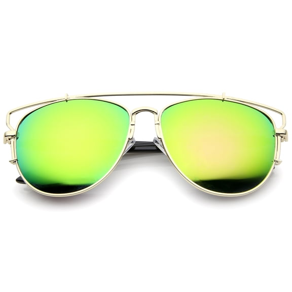 sunglassLA Unisex Modern Full Metal Crossbar Open Design Colored Mirror Aviator Sunglasses (Gold / Green Mirror) - 58mm