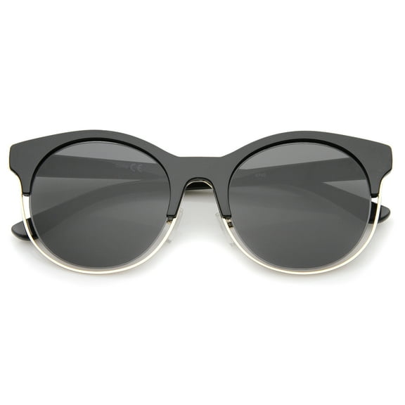 sunglassLA Unisex Modern Half Frame Metal Trim Round Cat Eye Sunglasses (Shiny Black-Gold / Smoke) - 53mm