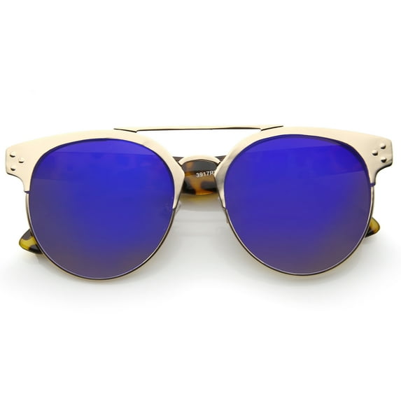sunglassLA Unisex Modern Horn Rimmed Brow Bar Colored Mirror Round Aviator Sunglasses (Gold-Tortoise / Blue Mirror) - 54mm