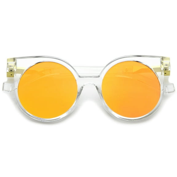 sunglassLA Unisex Modern Horn Rimmed Color Mirrored Flat Lens Round Sunglasses (Clear / Orange Mirror) - 50mm