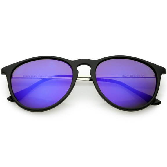 sunglassLA Unisex Modern Horn Rimmed Sunglasses Metal Arms Round Mirrored Lens 52mm (Matte Black Silver / Purple Mirror) - 52mm