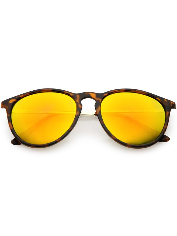 sunglassLA Unisex Modern Horn Rimmed Sunglasses Metal Arms Round Mirrored Lens 52mm (Matte Tortoise Gold / Orange Yellow Mirror) - 52mm