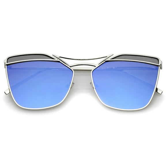sunglassLA Unisex Modern Metal Double Nose Bridge Mirror Flat Lens Square Sunglasses 56mm (Silver / Blue Mirror) - 56mm