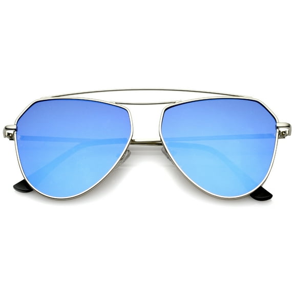 sunglassLA Unisex Modern Metal Frame Double Bridge Colored Mirror Flat Lens Aviator Sunglasses 52mm (Silver / Blue Mirror) - 52mm