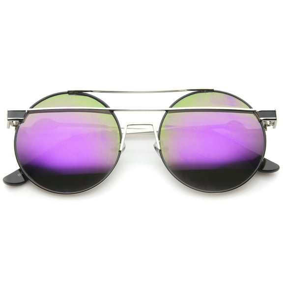 sunglassLA Unisex Modern Metal Frame Double Bridge Colored Mirror Lens Round Sunglasses (Silver-Black / Purple Green Mirror) - 59mm