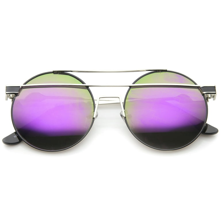 sunglassLA Unisex Modern Metal Frame Double Bridge Colored Mirror Lens Round Sunglasses Silver Black Purple Green Mirror 59mm Walmart