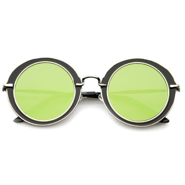 sunglassLA Unisex Modern Metal Frame Matte Border Colored Mirror Flat Lens Round Sunglasses (Black-Gold / Green Mirror) - 48mm