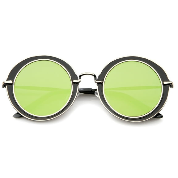 sunglassLA Unisex Modern Metal Frame Matte Border Colored Mirror Flat Lens Round Sunglasses (Black-Gold / Green Mirror) - 48mm