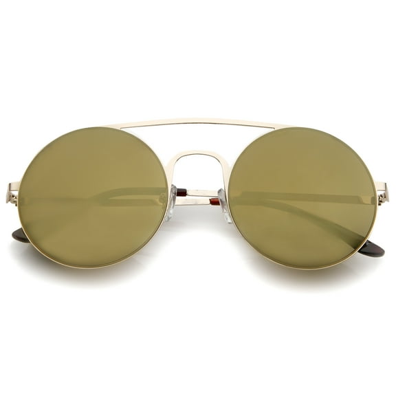 sunglassLA Unisex Modern Slim Double Nose Bridge Colored Mirror Flat Lens Round Sunglasses (Gold / Gold Mirror) - 53mm