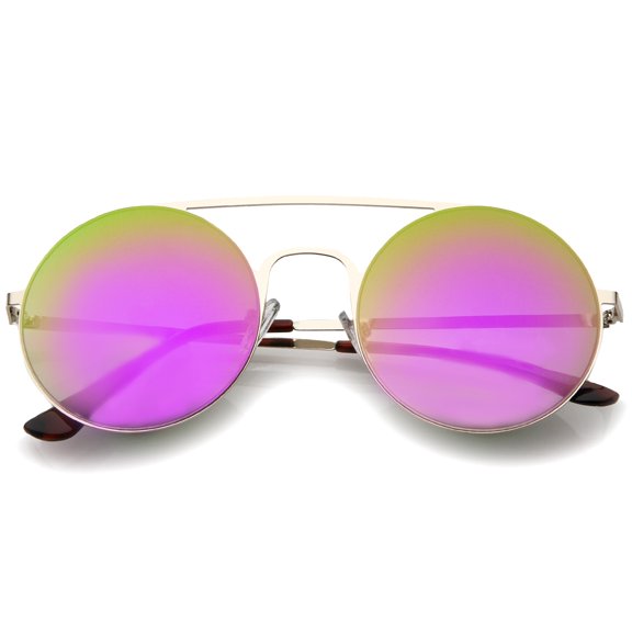 sunglassLA Unisex Modern Slim Double Nose Bridge Colored Mirror Flat Lens Round Sunglasses (Gold / Magenta-Green Mirror) - 53mm