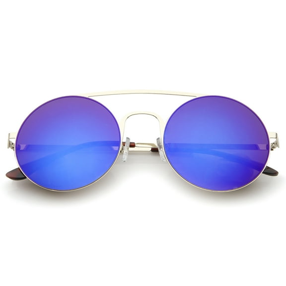 sunglassLA Unisex Modern Slim Frame Double Nose Bridge Colored Mirror Flat Lens Round Sunglasses (Gold / Blue Mirror) - 53mm