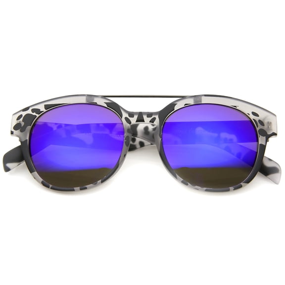 sunglassLA Unisex Modern Slim Metal Crossbar Iridescent Lens Horn Rimmed Sunglasses (White-Tortoise / Blue Mirror) - 51mm