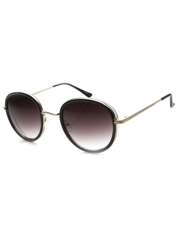 sunglassLA Unisex Modern Slim Nose Bridge Metal Temples Oval Lens Round Sunglasses 53mm (Shiny Black-Gold / Lavender) - 53mm