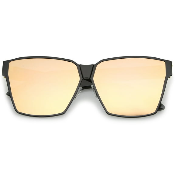 sunglassLA Unisex Oversize Matte Metal Accent Horn Rimmed Colored Mirror Flat Lens Square Sunglasses 63mm (Matte Black-Black / Peach Mirr) - 63mm