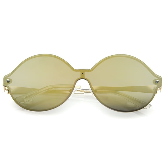 sunglassLA Unisex Oversize Round Color Mirror Shield Lens Metal Temple Rimless Sunglasses (Gold / Gold Mirror) - 69mm