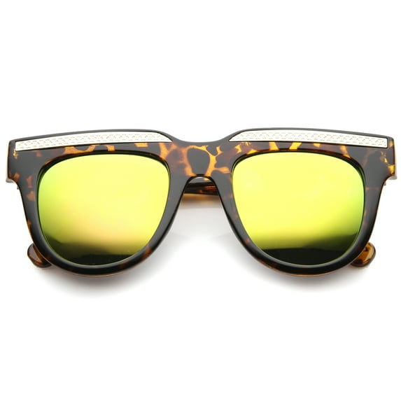 sunglassLA Unisex Retro Metal Accent Color Mirror Lens Horn Rimmed Oversize Sunglasses (Tortoise-Gold / Yellow Mirror) - 50mm