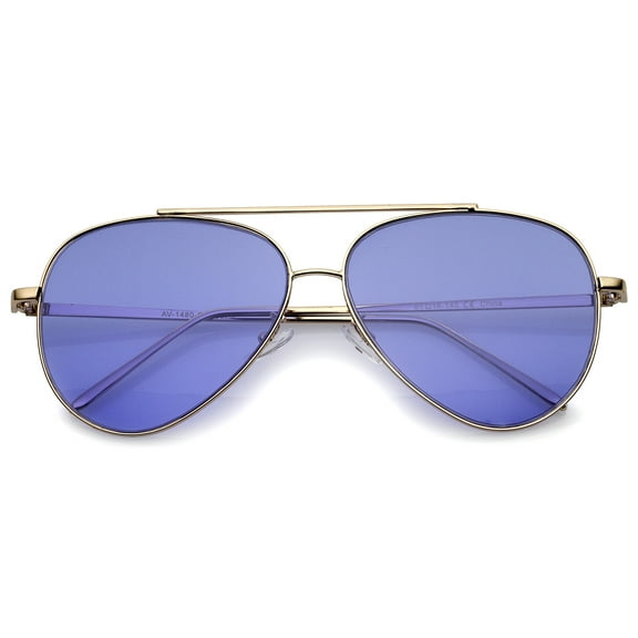 sunglassLA Unisex Retro Metal Frame Double Nose Bridge Color Flat Lens Aviator Sunglasses 60mm (Gold / Blue) - 60mm