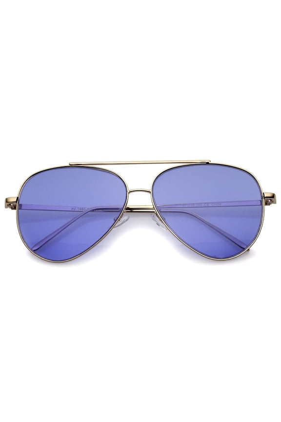 sunglassLA Unisex Retro Metal Frame Double Nose Bridge Color Flat Lens Aviator Sunglasses 60mm (Gold / Blue) - 60mm
