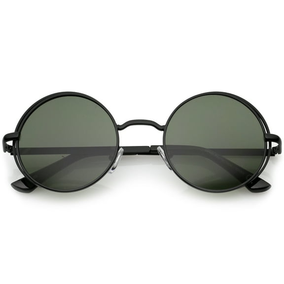 sunglassLA Unisex Retro Open Metal Frame Slim Temples Flat Lens Round Sunglasses 49mm (Black / Green) - 49mm