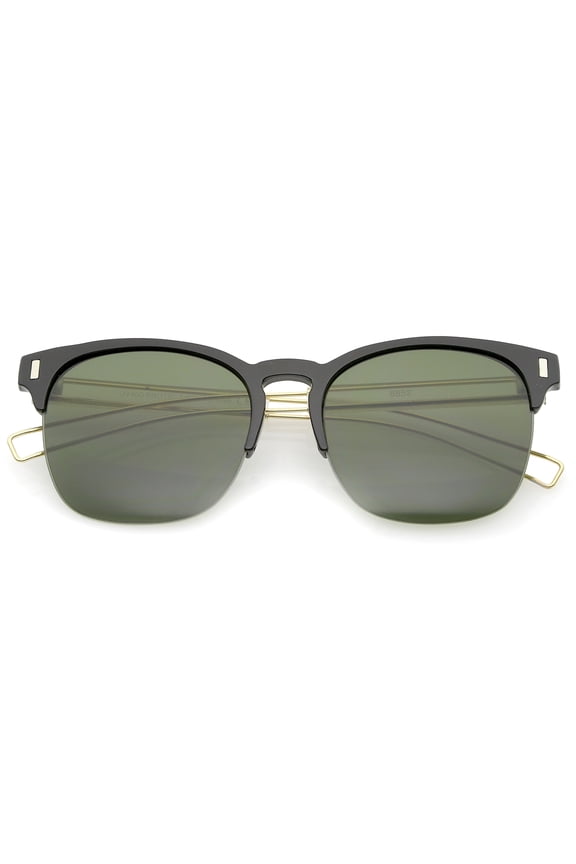 sunglassLA Unisex Semi Rimless Wire Hook Temples Square Lens Horn Rimmed Sunglasses 56mm (Black-Gold / Green) - 56mm