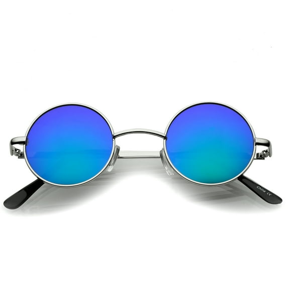 sunglassLA Unisex Small Retro Lennon Style Colored Mirror Lens Round Metal Sunglasses 41mm (Silver / Green-Blue Mirror) - 41mm