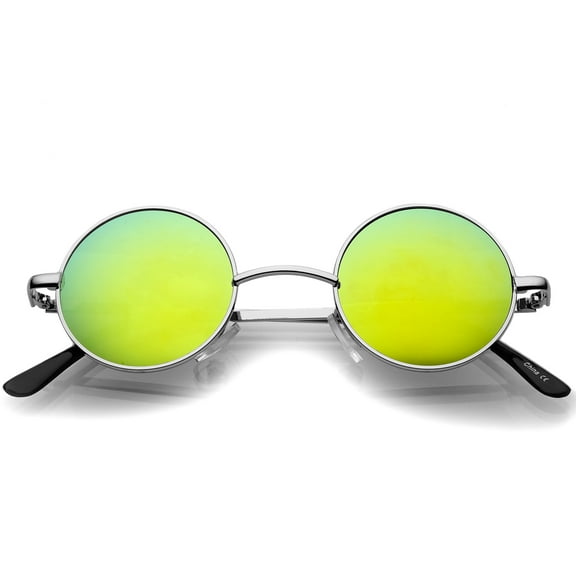 sunglassLA Unisex Small Retro Lennon Style Colored Mirror Lens Round Metal Sunglasses 41mm (Silver / Yellow Mirror) - 41mm