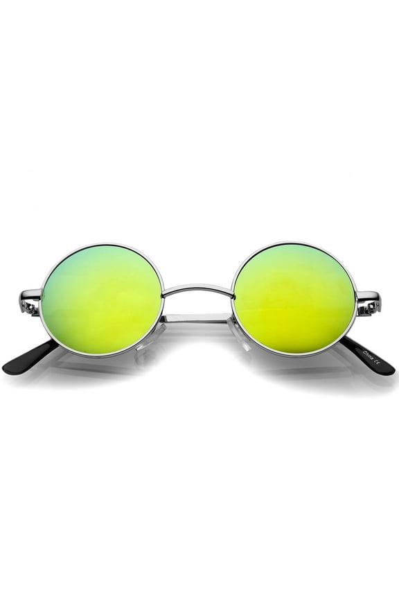 sunglassLA Unisex Small Retro Lennon Style Colored Mirror Lens Round Metal Sunglasses 41mm (Silver / Yellow Mirror) - 41mm