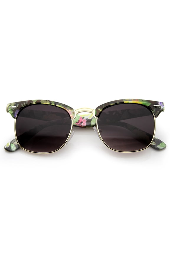 sunglassLA Unisex Women's Floral Printed Square Half Frame Horn Rimmed Sunglasses (Green-Yellow / Lavender) - 49mm