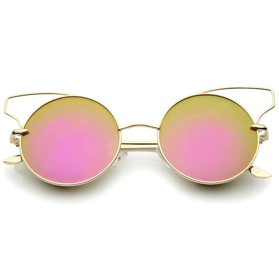 sunglassLA Unisex Women's Full Metal Open Design Mirrored Lens Round Cat Eye Sunglasses (Gold / Pink Mirror) - 55mm