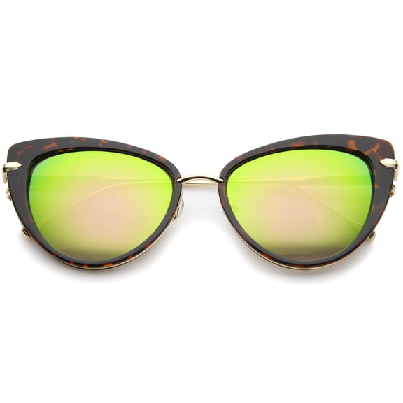 sunglassLA Unisex Women's High Fashion Metal Temple Super Cat Eye Sunglasses (Tortoise-Gold / Pink Yellow Mirror) - 55mm