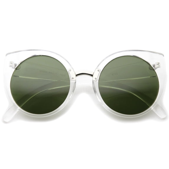 sunglassLA Unisex Women's High Fashion Oversize Round Lens Cat Eye Sunglasses (Clear-Silver / Green) - 55mm