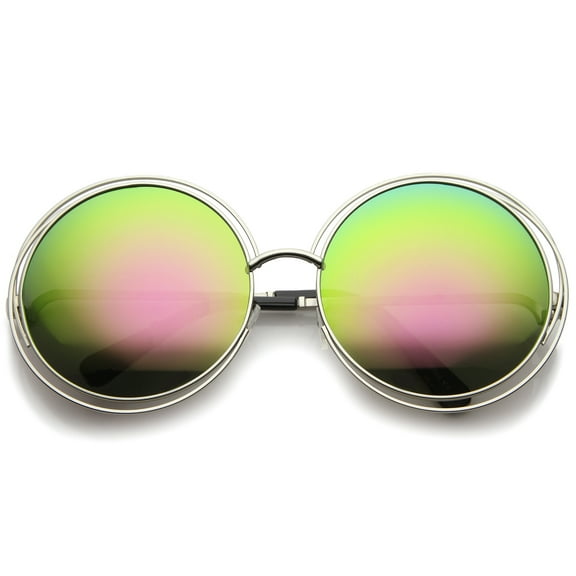 sunglassLA Unisex Women's High Fashion Oversize Wire Frame Mirror Lens Round Sunglasses (Silver / Pink Mirror) - 61mm