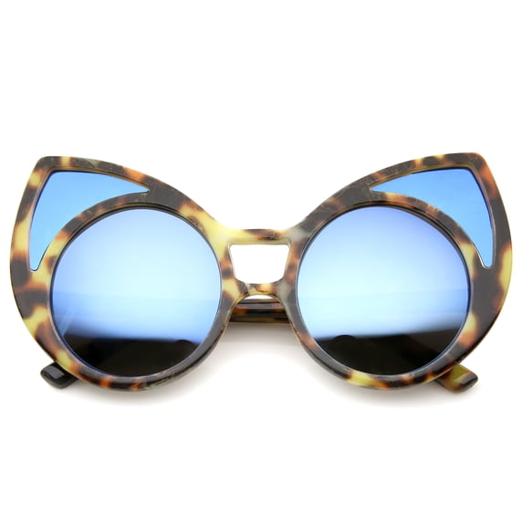 sunglassLA Unisex Women's Oversize Colored Frame Mirror Lens Cat Eye Sunglasses (Tortoise / Blue Mirror) - 52mm