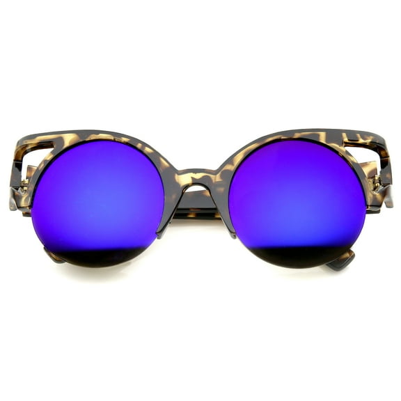 sunglassLA Unisex Women's Round Mirrored Lens Half Frame Cutout Cat Eye Sunglasses (Green-Tortoise / Blue Mirror) - 50mm