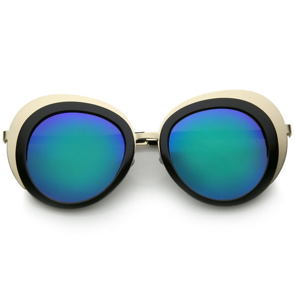 sunglassLA Unisex Women's Two-Tone Metal Backing Colored Mirror Lens Round Sunglasses (Gold-Black / Green-Blue Mirror) - 50mm