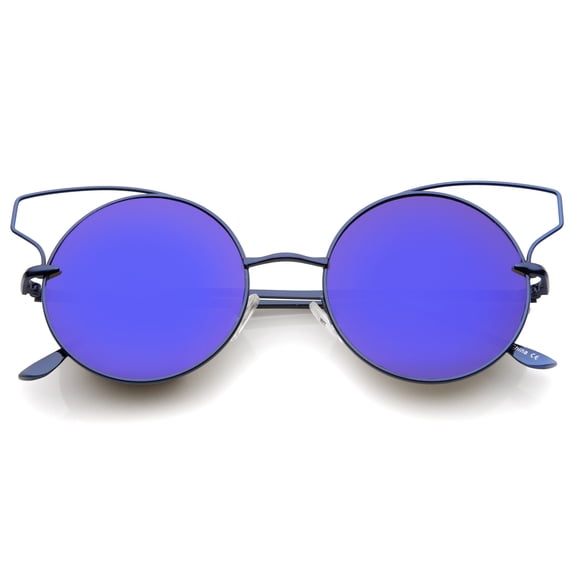 sunglassLA Unisex Women's Wire Open Metal Frame Color Mirror Lens Round Cat Eye Sunglasses (Blue / Blue Mirror) - 52mm