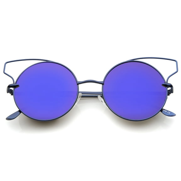 sunglassLA Unisex Women's Wire Open Metal Frame Color Mirror Lens Round Cat Eye Sunglasses (Blue / Blue Mirror) - 52mm